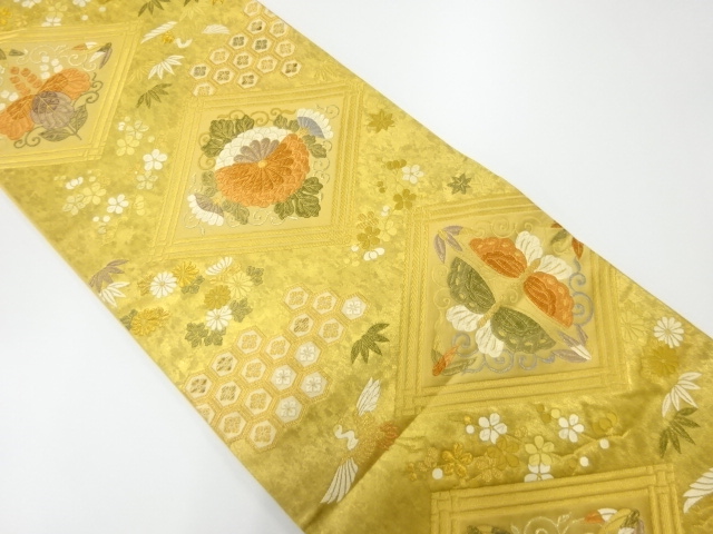 JAPANESE KIMONO / VINTAGE FUKURO OBI / WOVEN KIKU ARABESQUE & CRANE